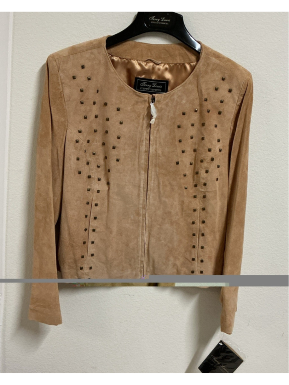 VTG Terry Lewis Suede Leather Jacket Womens1X Plus Tan Studded Collarless Blazer